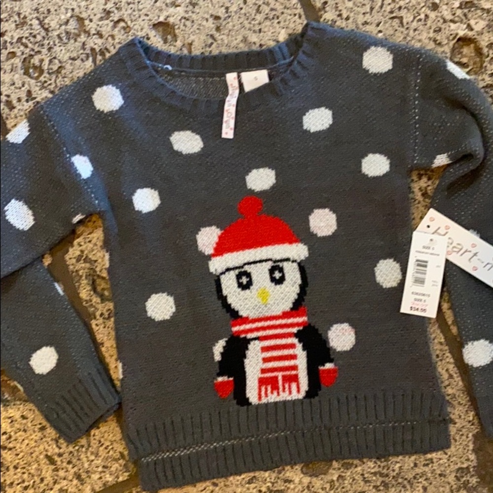 Gray polka dot penguin Santa hat ugly sweater